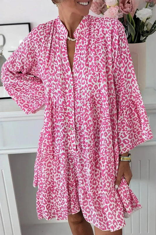 Bright Pink Leopard Printed Long Sleeve Buttoned Front Mini Dress - BRIGHT PINK / S / 100% POLYESTER - Dresses/Mini