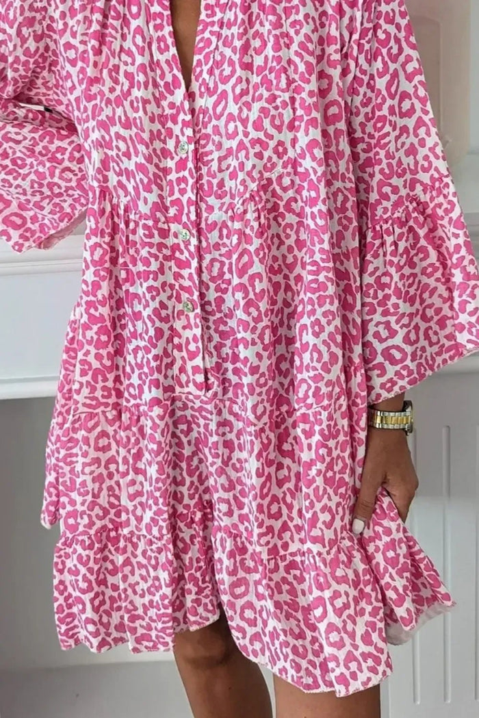 Bright Pink Leopard Printed Long Sleeve Buttoned Front Mini Dress - Dresses/Mini Dresses