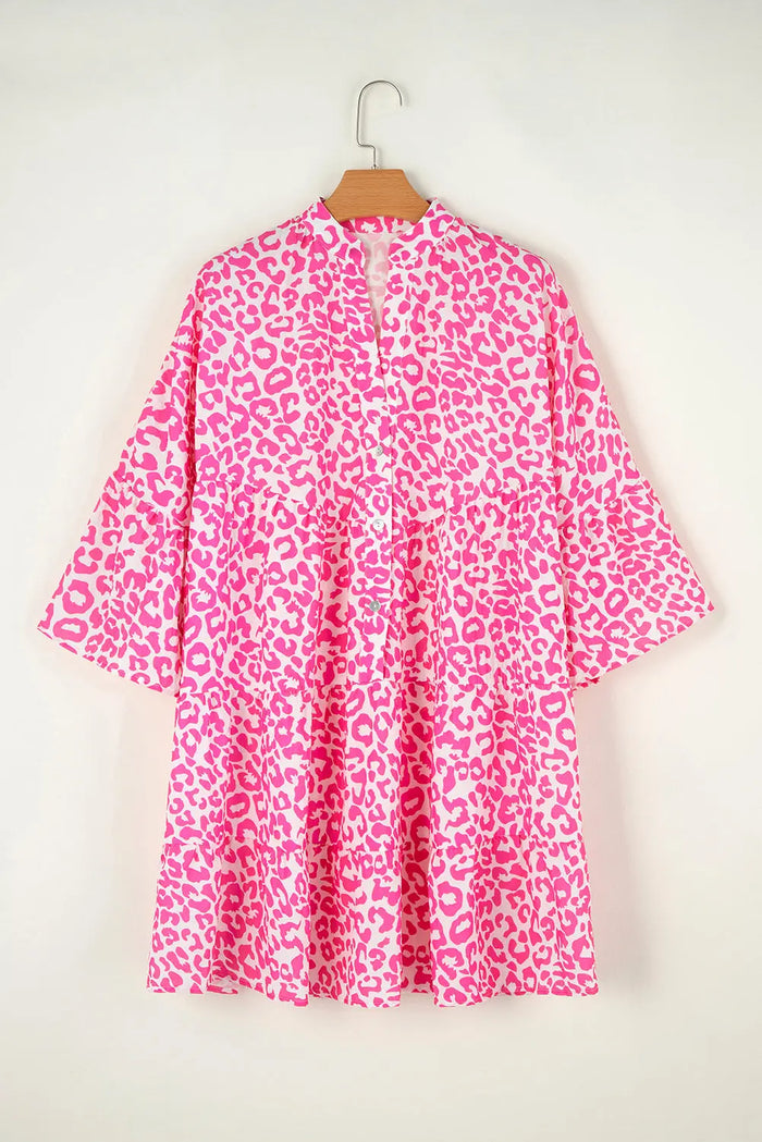 Bright Pink Leopard Printed Long Sleeve Buttoned Front Mini Dress - Dresses/Mini Dresses