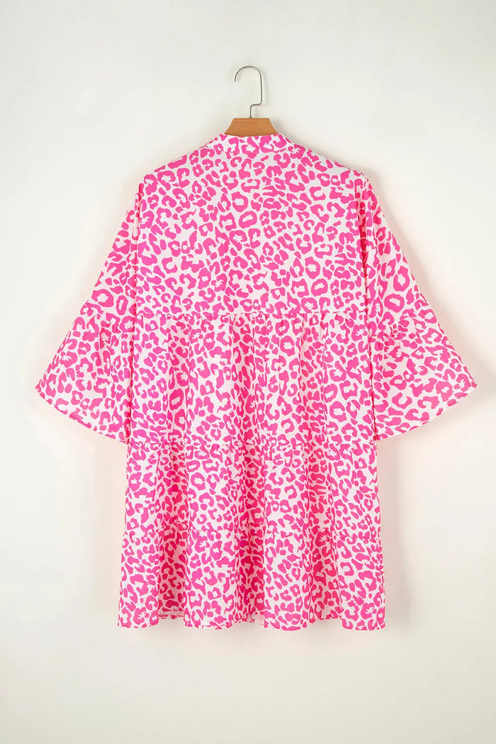 Bright Pink Leopard Printed Long Sleeve Buttoned Front Mini Dress - Dresses/Mini Dresses