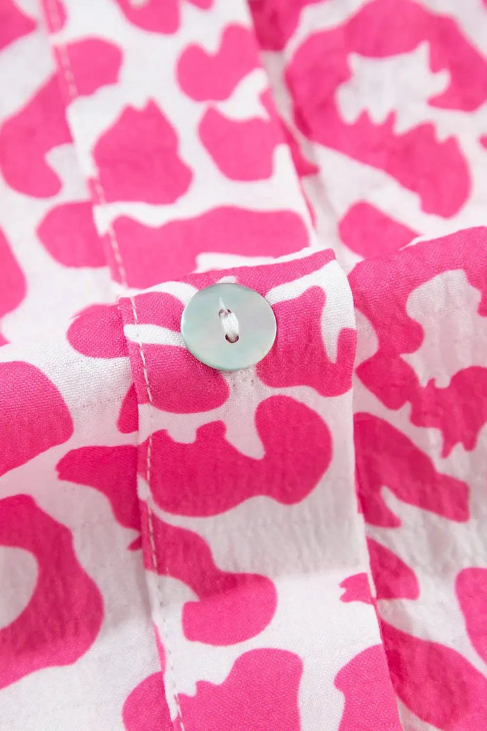 Bright Pink Leopard Printed Long Sleeve Buttoned Front Mini Dress - Dresses/Mini Dresses