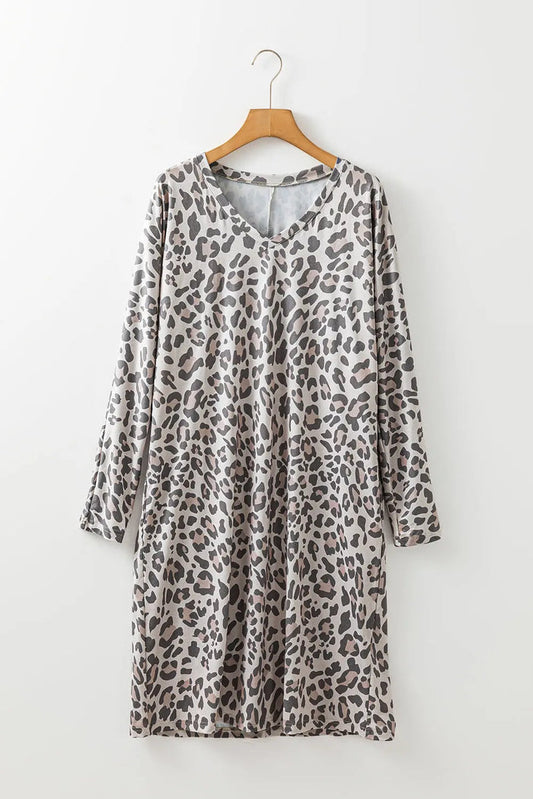 Grey Leopard Print V Neck Loose Fit Mini Dress - Dresses/Mini Dresses