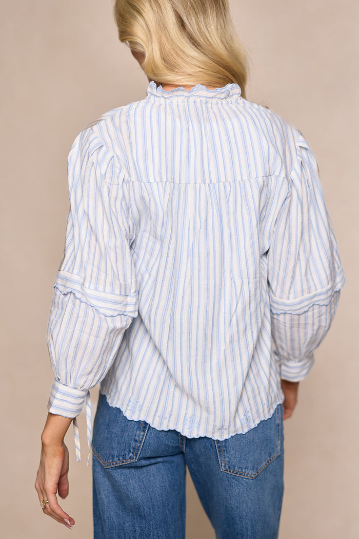 A person with long blonde hair is shown from the back wearing the Ivy City Co Leticia Top in White & Blue Stripe—an airy, vertically striped spring blouse with puff sleeves, crafted from a soft cotton-poly blend for a flattering silhouette ideal for warmer days. She pairs it with blue jeans.