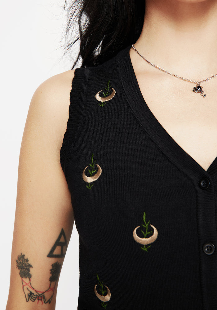 Liana Moon Leaf Embroidered Button Up Knit Vest