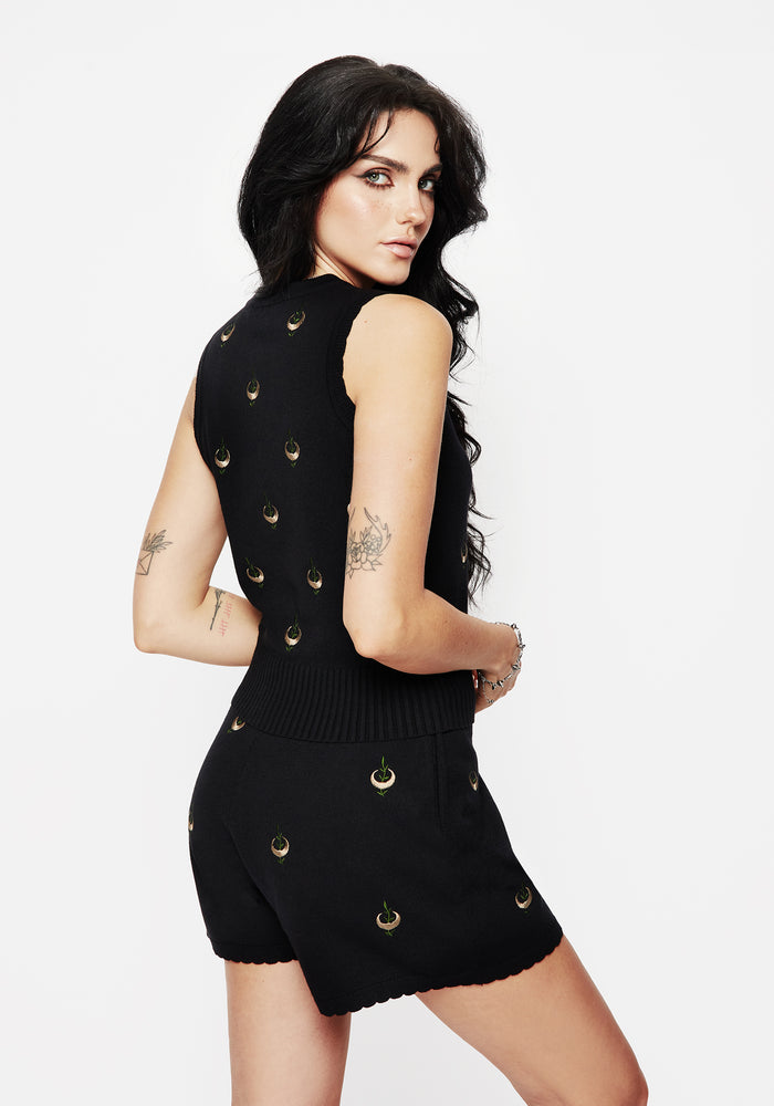 Liana Moon Leaf Embroidered Button Up Knit Vest