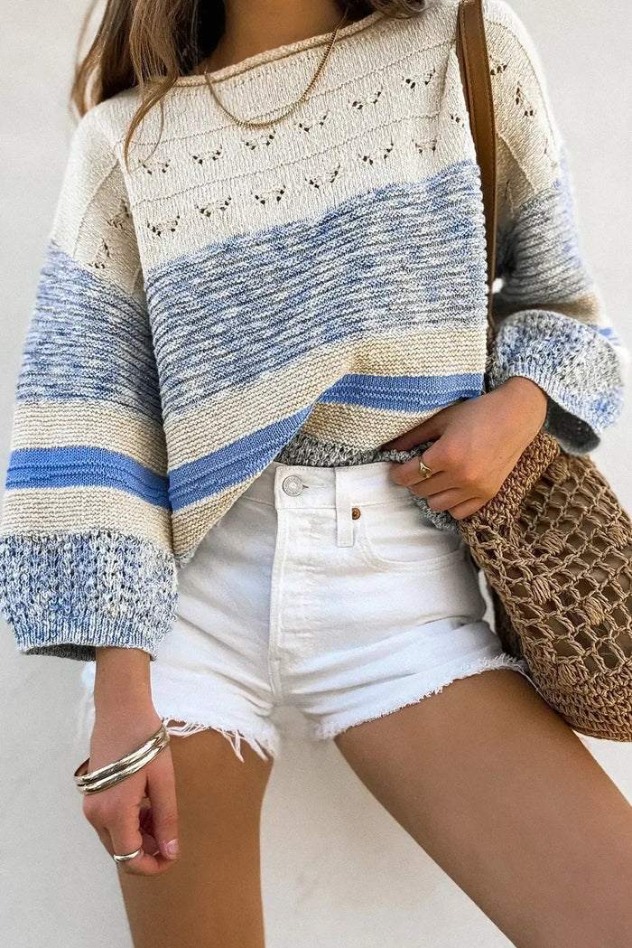 Light Blue Open Stitch Puff Sleeve Sweater - LIGHT BLUE / S / 55% ACRYLIC + 45% COTTON - Tops/Sweatshirts & Hoodies