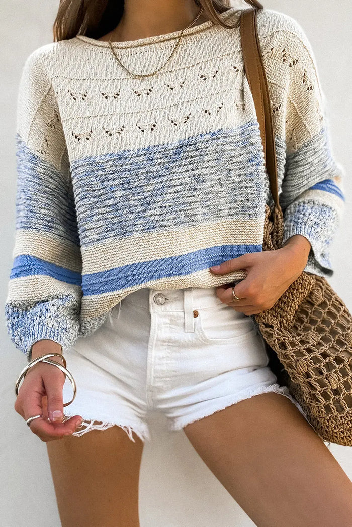Light Blue Open Stitch Puff Sleeve Sweater - Tops/Sweatshirts & Hoodies