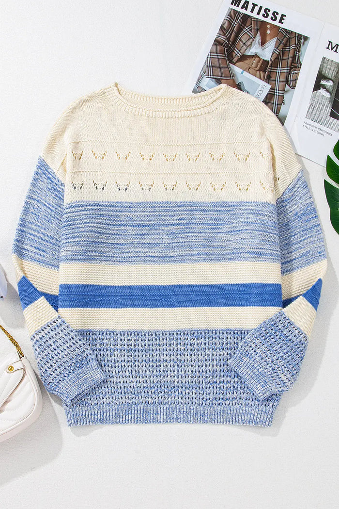 Light Blue Open Stitch Puff Sleeve Sweater - Tops/Sweatshirts & Hoodies