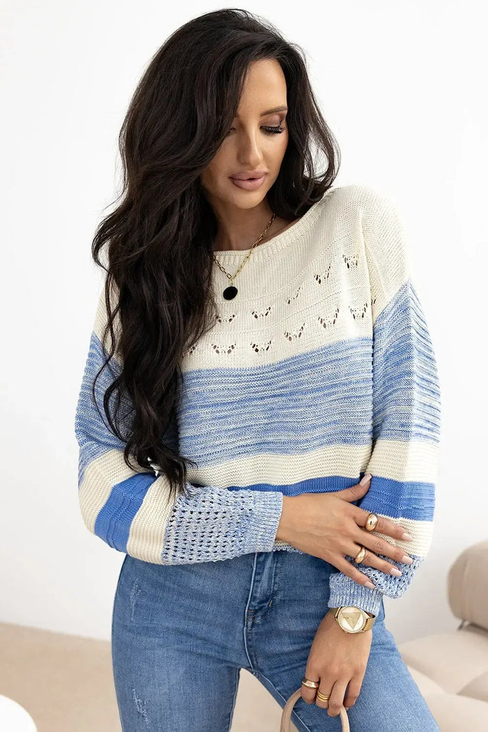 Light Blue Open Stitch Puff Sleeve Sweater - Tops/Sweatshirts & Hoodies