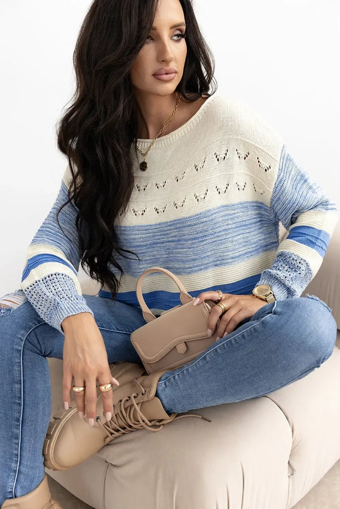 Light Blue Open Stitch Puff Sleeve Sweater - Tops/Sweatshirts & Hoodies