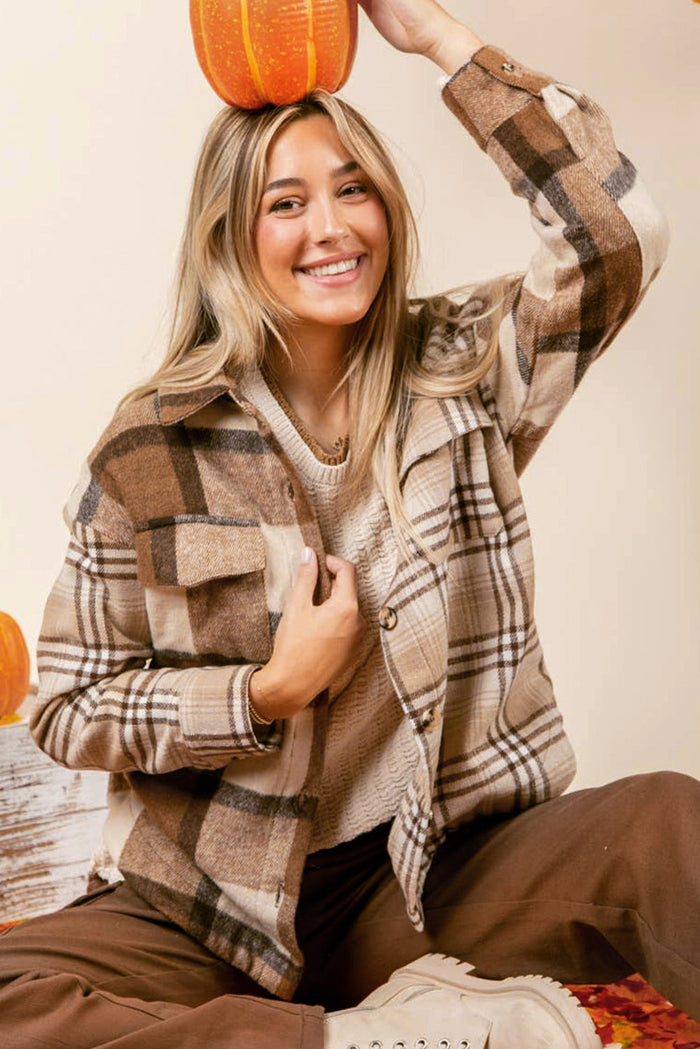Light French Beige Flannel Plaid Double Flap Pocket Shacket - Outerwear/Plaid Shackets