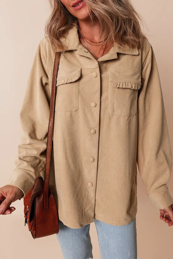 Light French Beige Solid Frilled Flap Pocket Button Up Corduroy Shacket - LIGHT FRENCH BEIGE / S / 100% POLYESTER