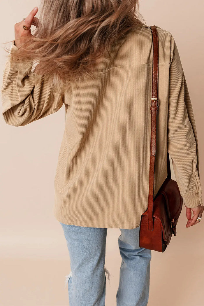 Light French Beige Solid Frilled Flap Pocket Button Up Corduroy Shacket - Outerwear/Jackets