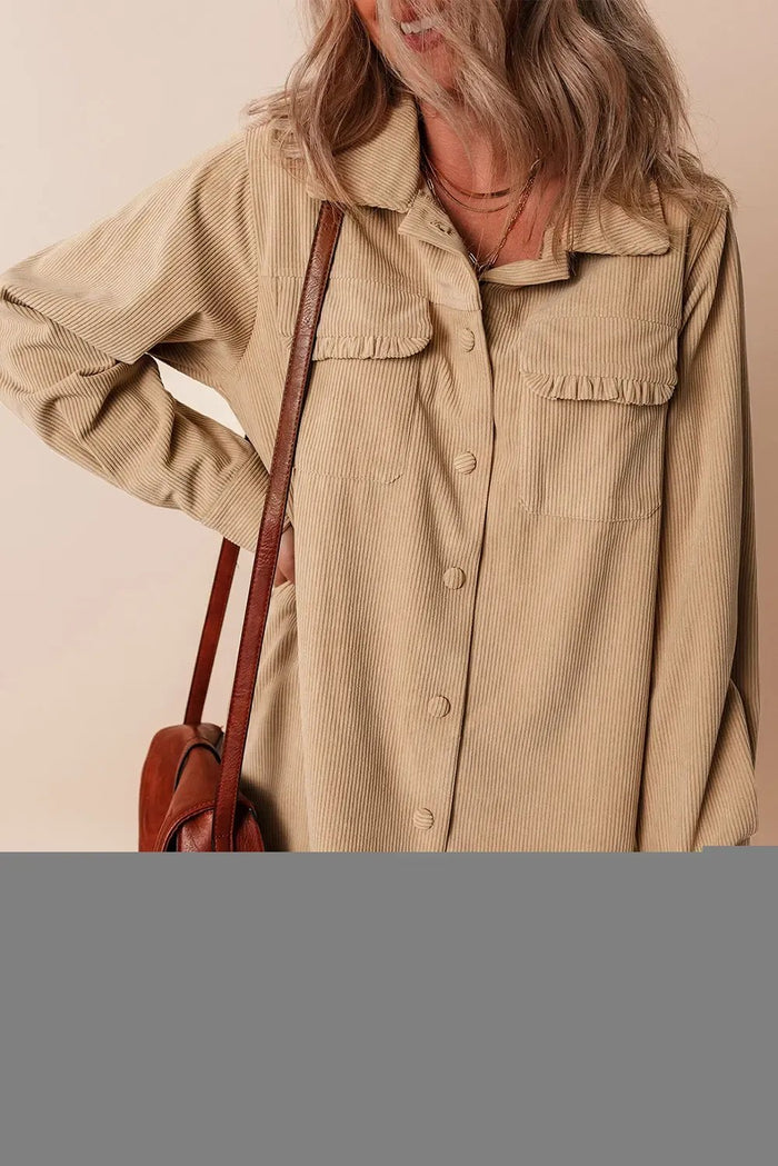 Light French Beige Solid Frilled Flap Pocket Button Up Corduroy Shacket - Outerwear/Jackets