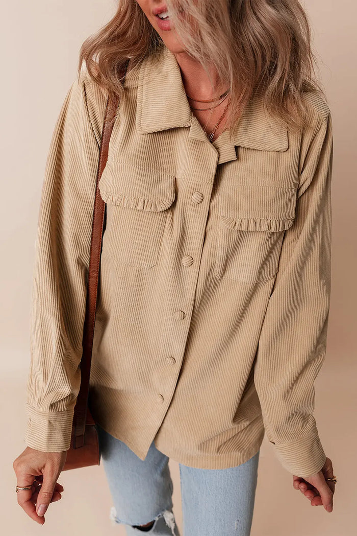 Light French Beige Solid Frilled Flap Pocket Button Up Corduroy Shacket - Outerwear/Jackets