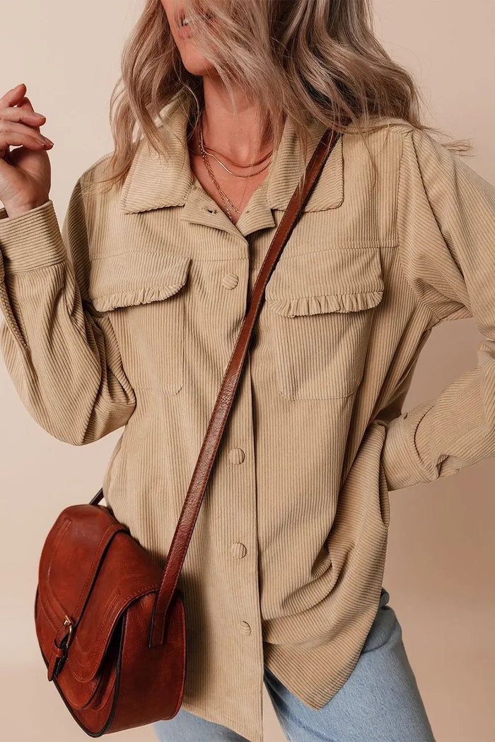 Light French Beige Solid Frilled Flap Pocket Button Up Corduroy Shacket - Outerwear/Jackets