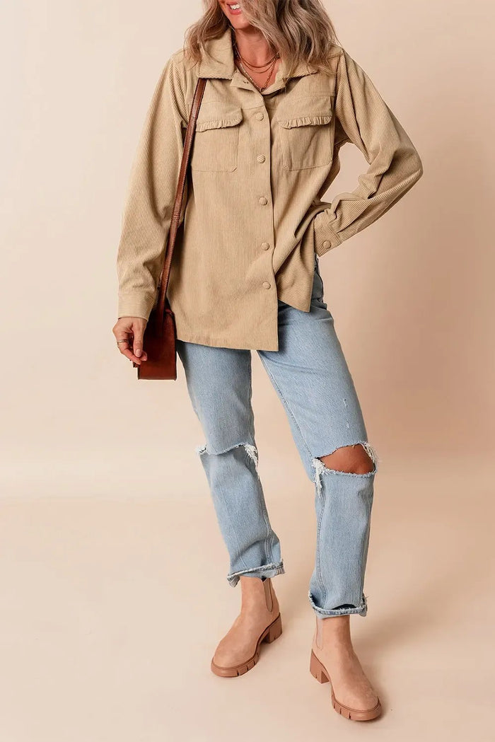 Light French Beige Solid Frilled Flap Pocket Button Up Corduroy Shacket - Outerwear/Jackets