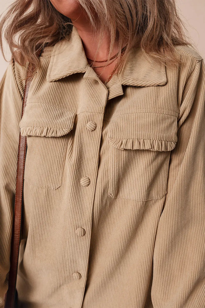 Light French Beige Solid Frilled Flap Pocket Button Up Corduroy Shacket - Outerwear/Jackets