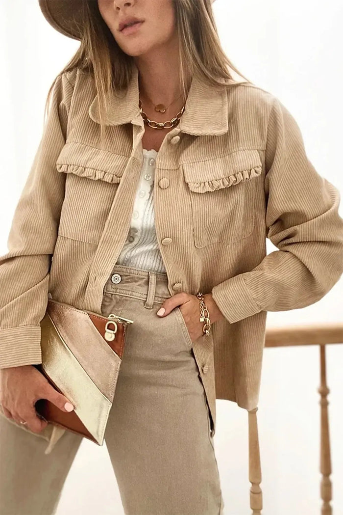 Light French Beige Solid Frilled Flap Pocket Button Up Corduroy Shacket - Outerwear/Jackets