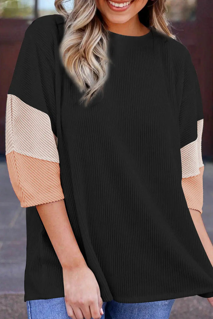 Light Pink Colour Block Ribbed Knit Quarter Sleeve Top - Carbon Grey / S / 75% Polyester + 20% Viscose + 5% Elastane
