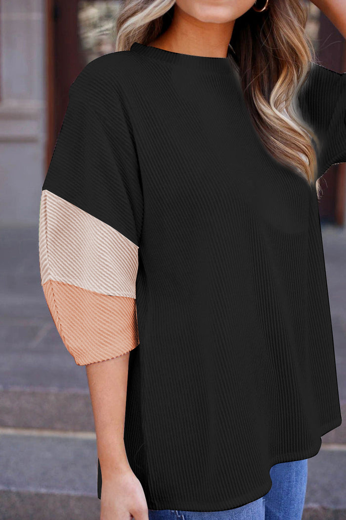 Light Pink Colour Block Ribbed Knit Quarter Sleeve Top - Tops/Tops & Tees