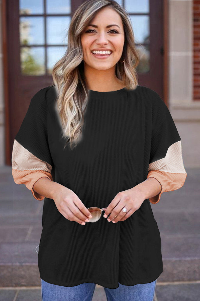 Light Pink Colour Block Ribbed Knit Quarter Sleeve Top - Tops/Tops & Tees
