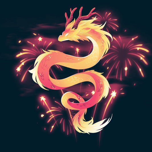 Premium Cotton T-shirt_TeeTurtle navy blue Lunar New Year Dragon featuring a gradon amidst fireworks.