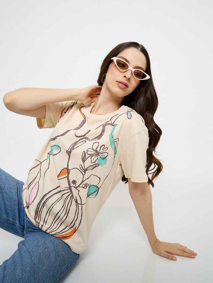 Madame Abstract Print Cotton Beige Half T-shirt