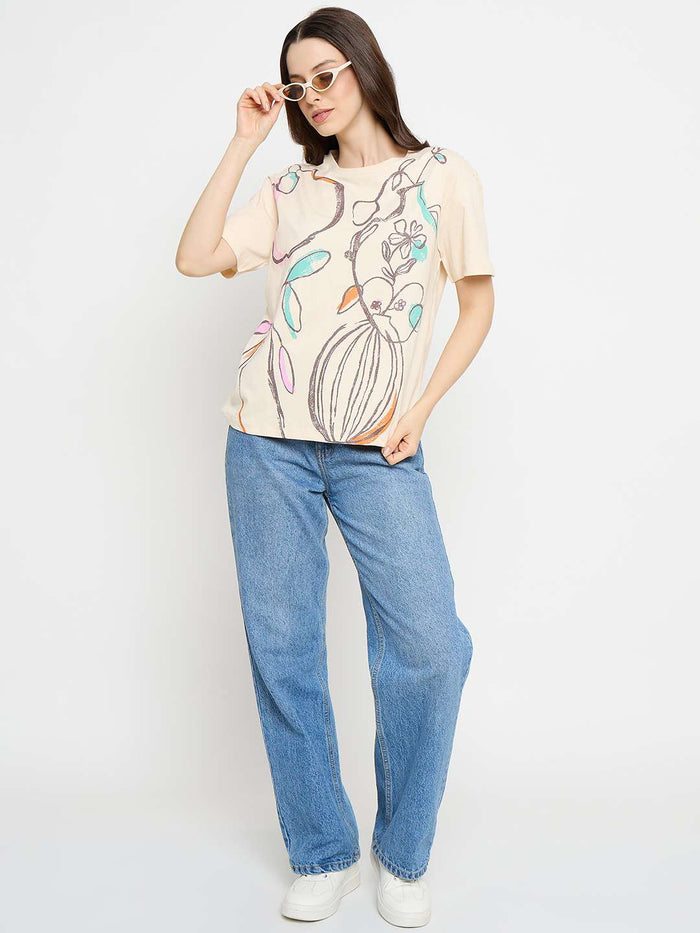 Madame Abstract Print Cotton Beige Half T-shirt