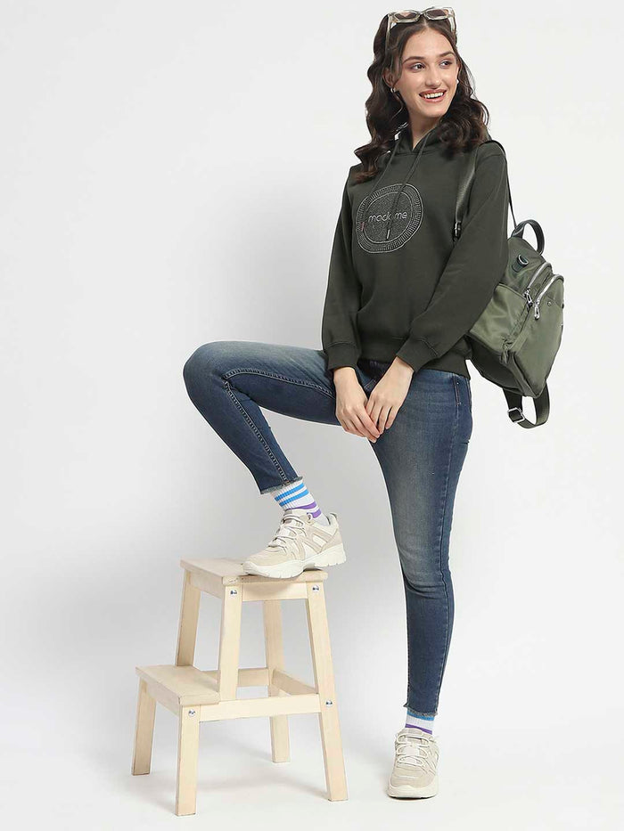 Madame Abstract Print Hooded Olive Cotton Sweatshirt