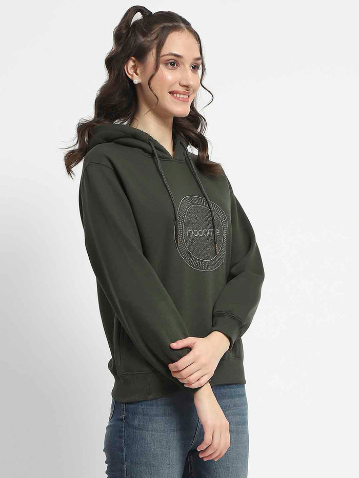 Madame Abstract Print Hooded Olive Cotton Sweatshirt