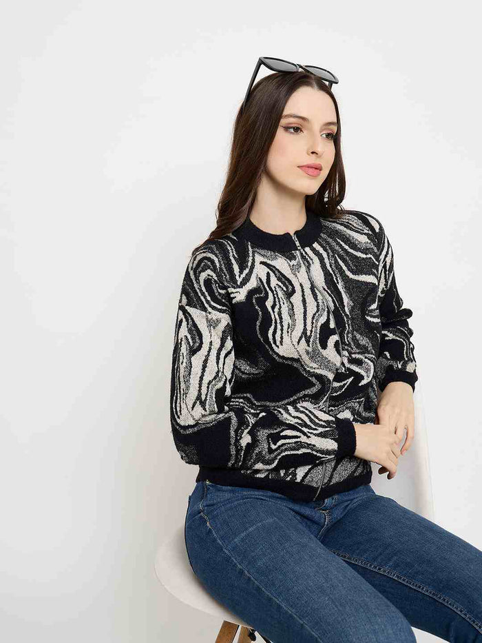 Madame Abstract Print Zip Up Black Sweater
