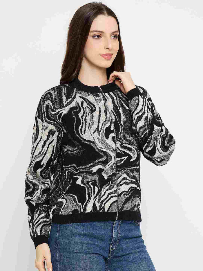 Madame Abstract Print Zip Up Black Sweater