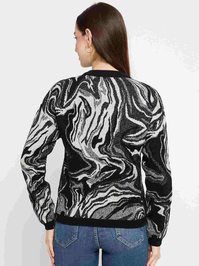 Madame Abstract Print Zip Up Black Sweater