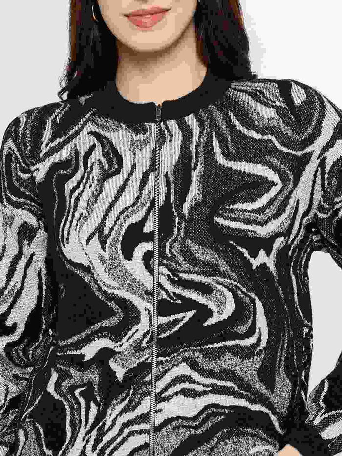 Madame Abstract Print Zip Up Black Sweater