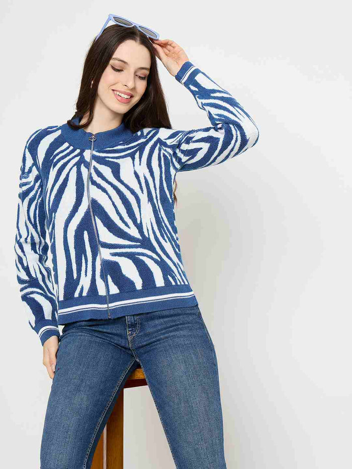 Madame Animal Print Zip Blue Sweater