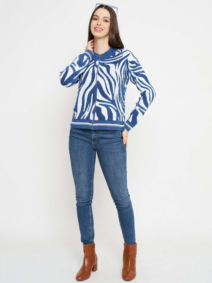 Madame Animal Print Zip Blue Sweater