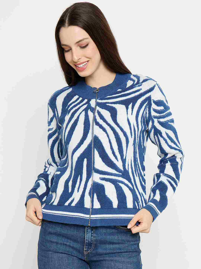 Madame Animal Print Zip Blue Sweater