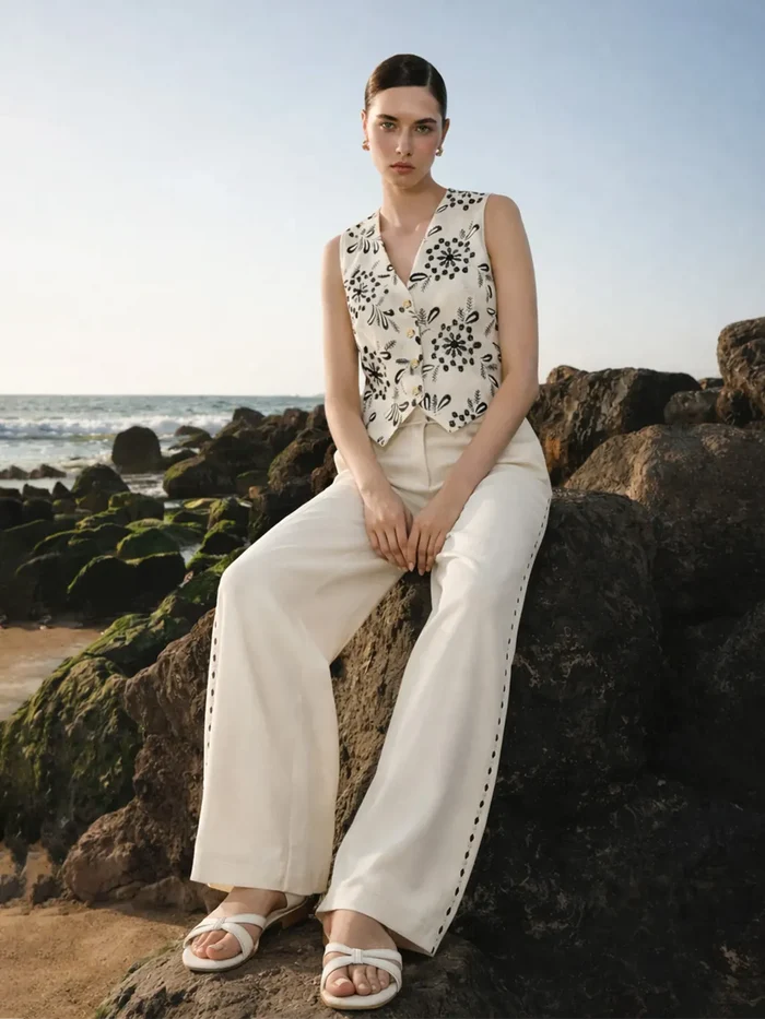 Woman sitting on a rock by the ocean wearing a sleeveless floral top and white pants.