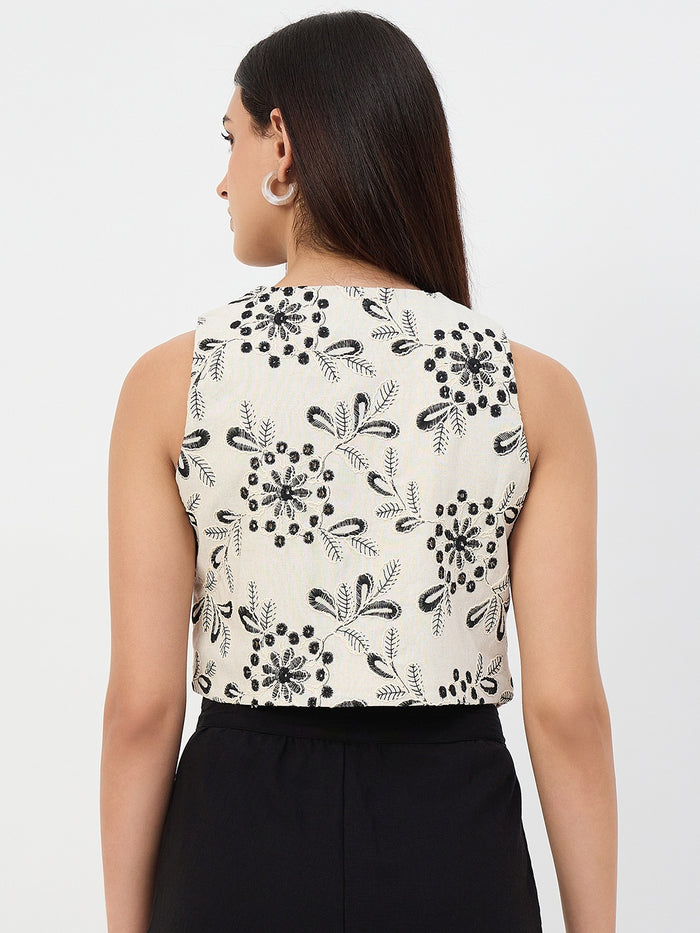 Madame Beige Embroidered Linen-Blend Vest Top