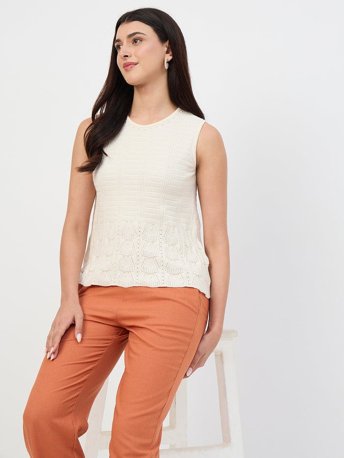 Madame Beige Scallop Hem Cotton Knit Top