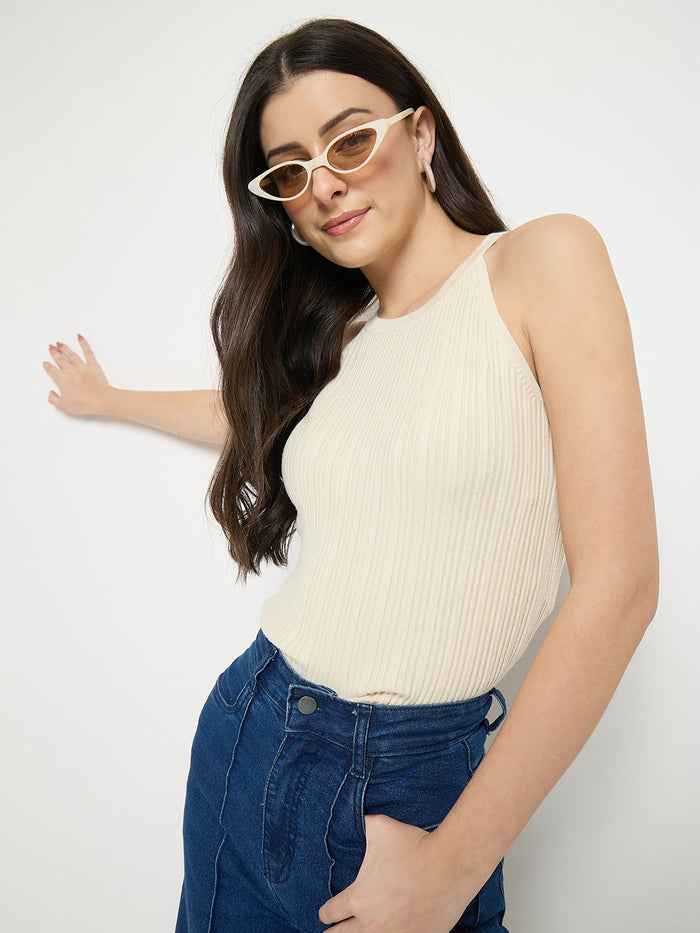 Madame Beige Viscose Blend Halter Neck Knitted Top