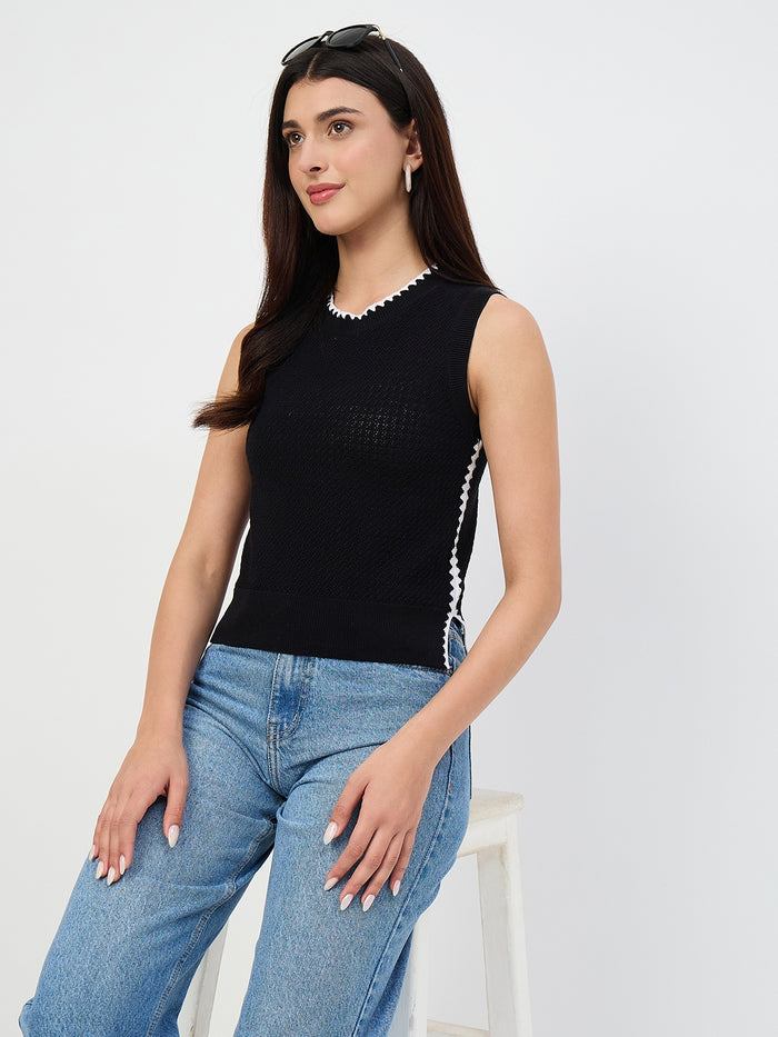 Madame Black Contrast Trim Cotton Blend Knit Top