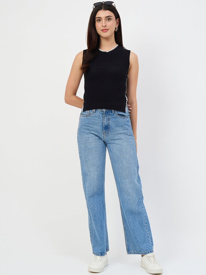 Madame Black Contrast Trim Cotton Blend Knit Top