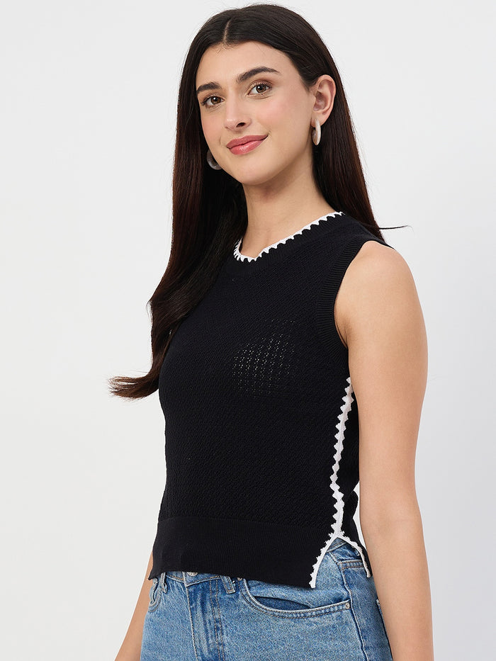 Madame Black Contrast Trim Cotton Blend Knit Top