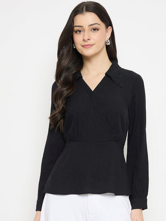 Madame Black Rayon Blend Peplum Shirt Top