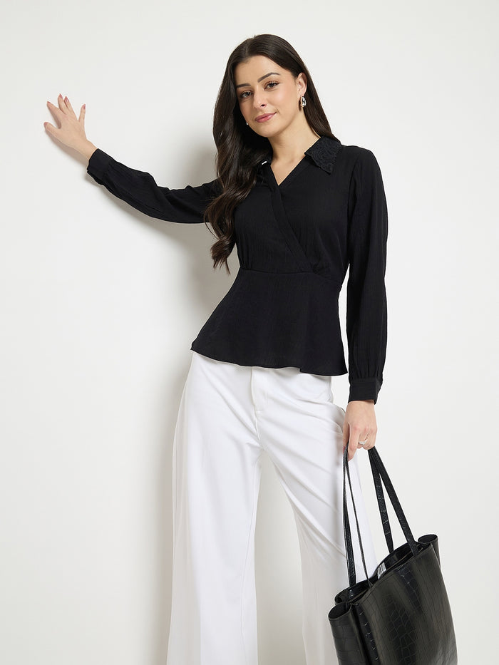 Madame Black Rayon Blend Peplum Shirt Top