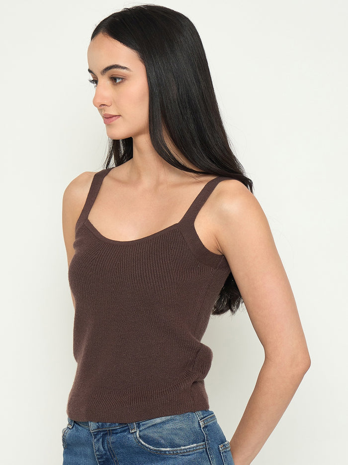 Madame Camisole Neck Coffee Brown Knit Crop Top