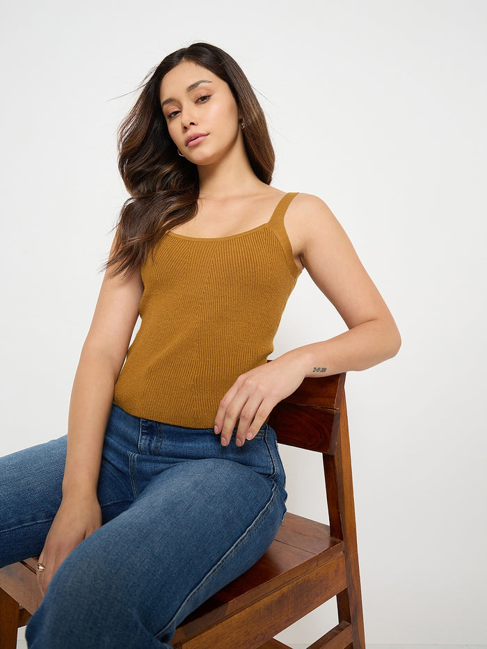 Madame Camisole Neck Mustard Knit Crop Top
