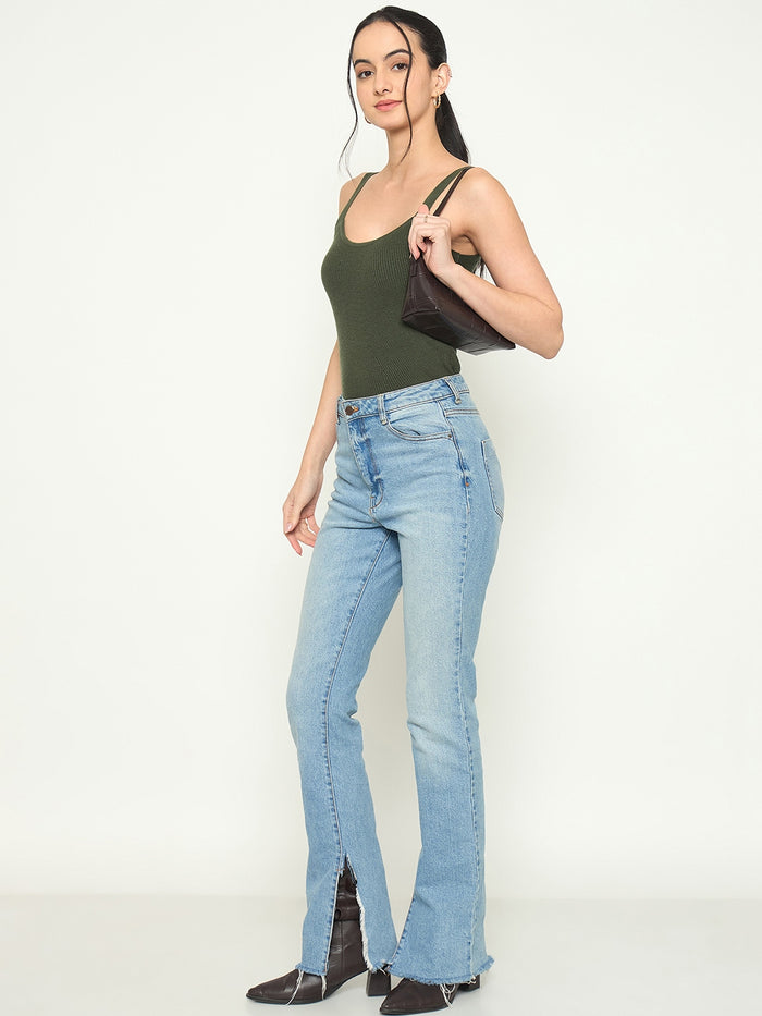 Madame Camisole Neck Olive Green knit Crop Top